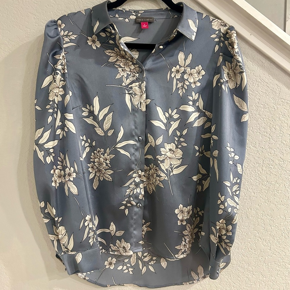 Vince Camuto Floral Blue-Gray Blouse